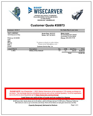 Bishop-Wisecarver Surcharge Quote Sample