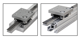 Two examples of MinVee wheel plate, track, and aluminum support: one system mounted to a machined block, and another mounted to an aluminum extrusion.
