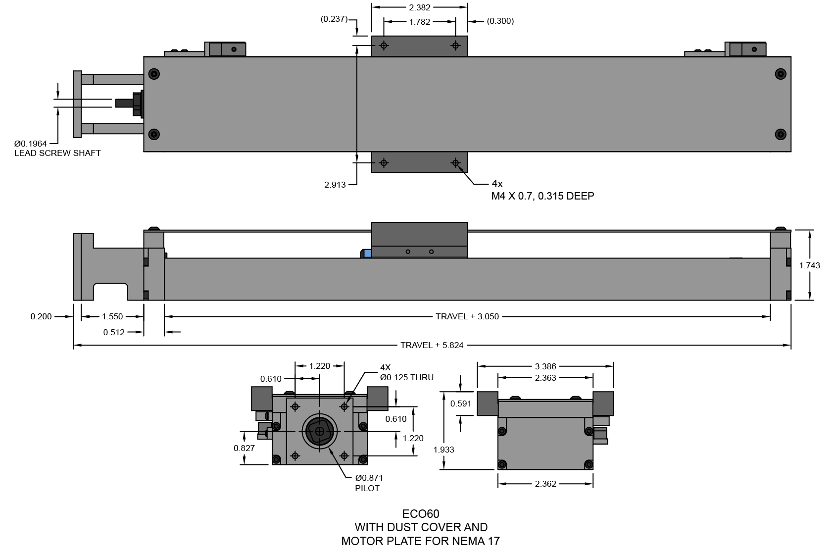  Dimensions of ECO60 actuator with NEMA 17 motor mount and dust covers. 